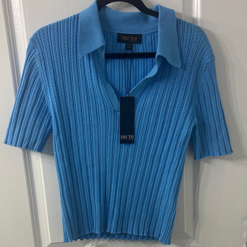 Truth by Republic Women' Blue Sweater Polo Style Shirt